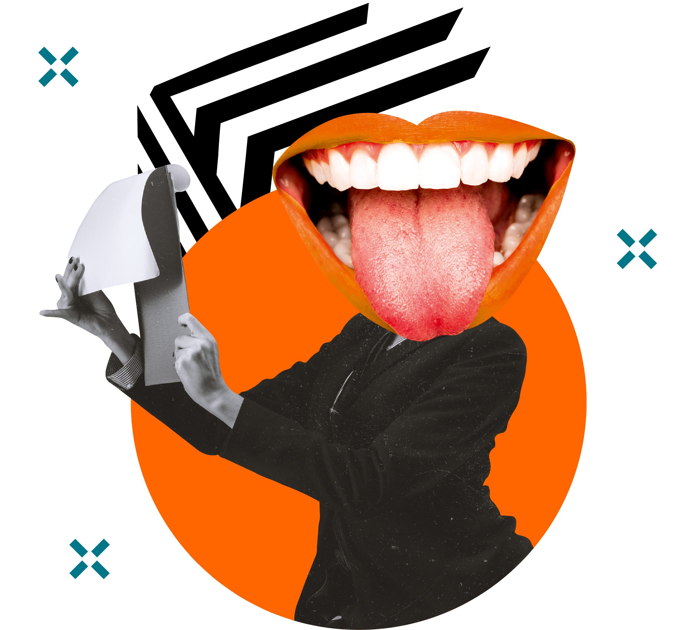 Kreatives Icon symbolisch für die Bedarfsermittlung Frau mit übergroßem Mund als Kopfersatz hält eine Liste in der Hand