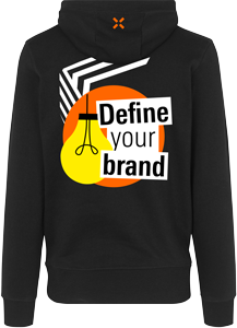 Schwarze Rückseite eines Hoodies mit Druck