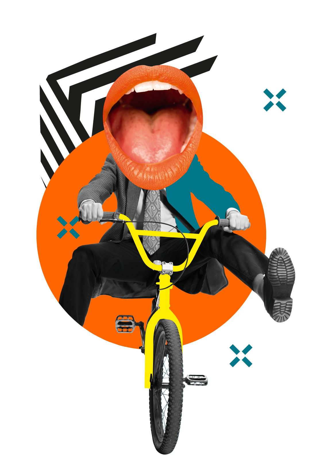 Eine Person mit weit geöffnetem Mund, die Fahrrad fährt